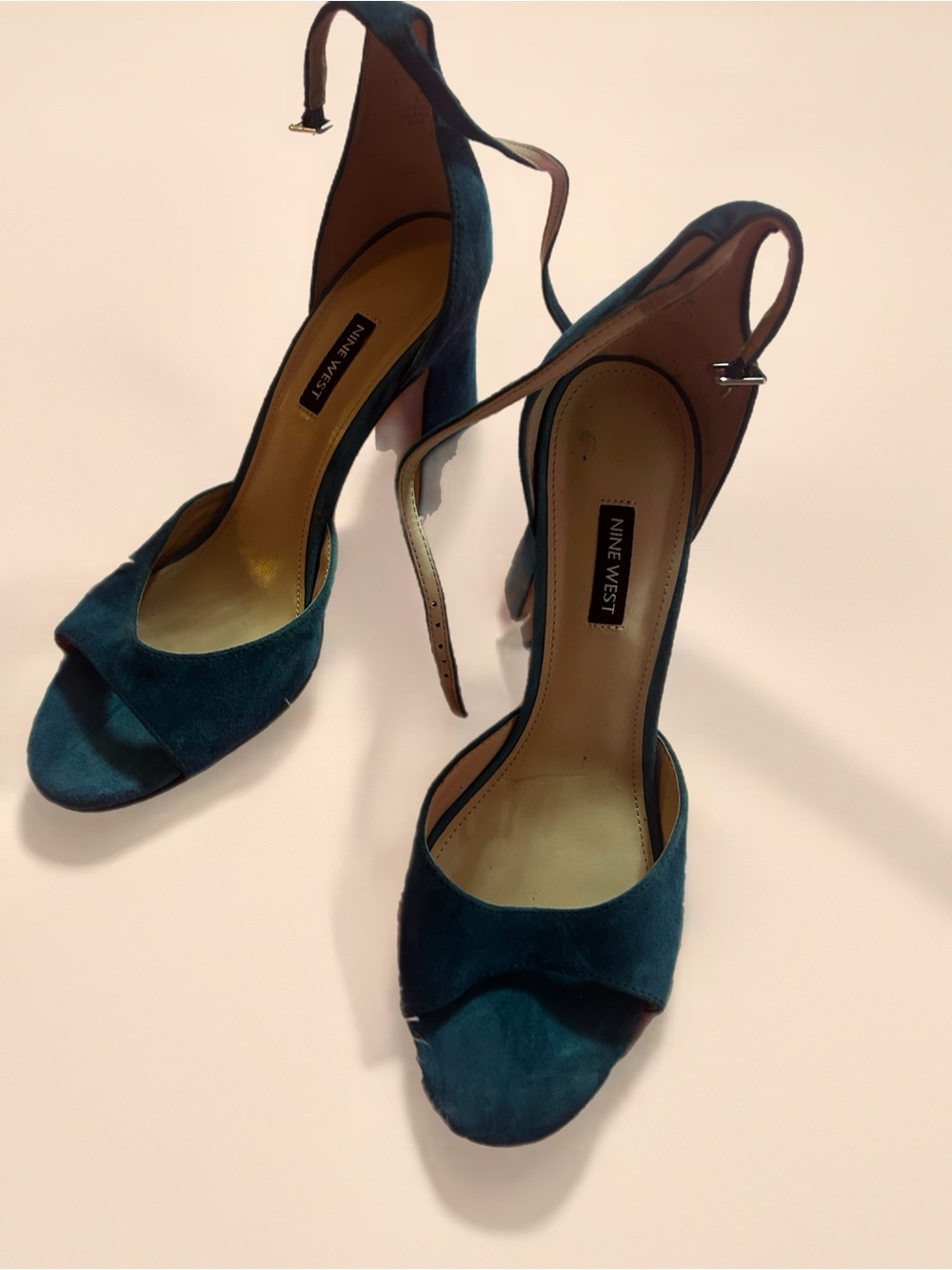 Nine West Teal Green Suede Block Heel Sandals with Ankle Strap SIZE 10.5